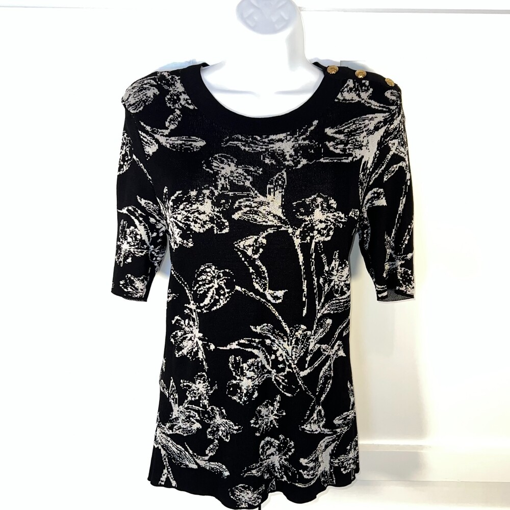 WHBM - Sweater Women's S Short Sleeve Abstract Floral Stretch Crew Neck